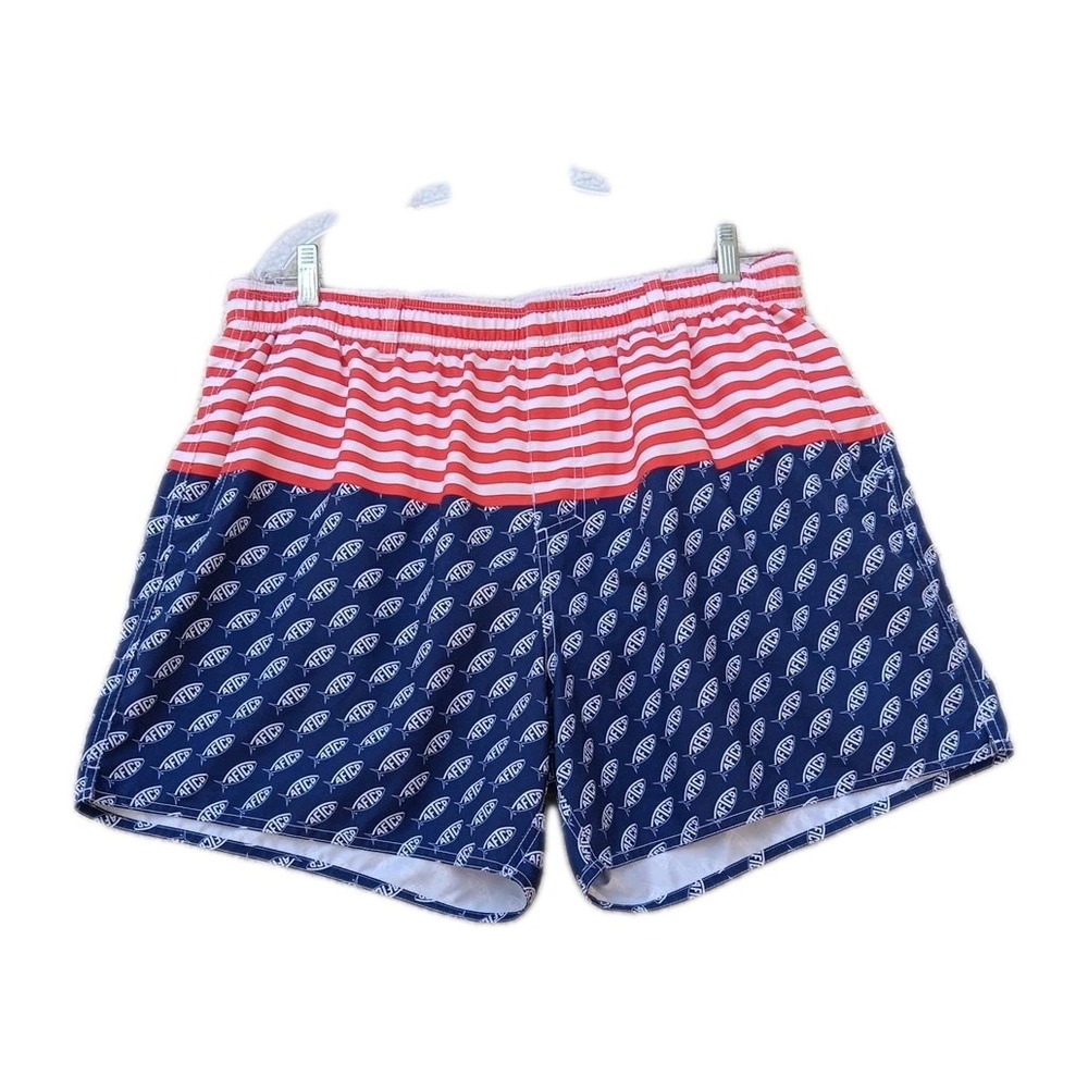 AFTCO Mens Fishing Swim Trunks Red White Blue Striped Fish Logo Shorts Size L